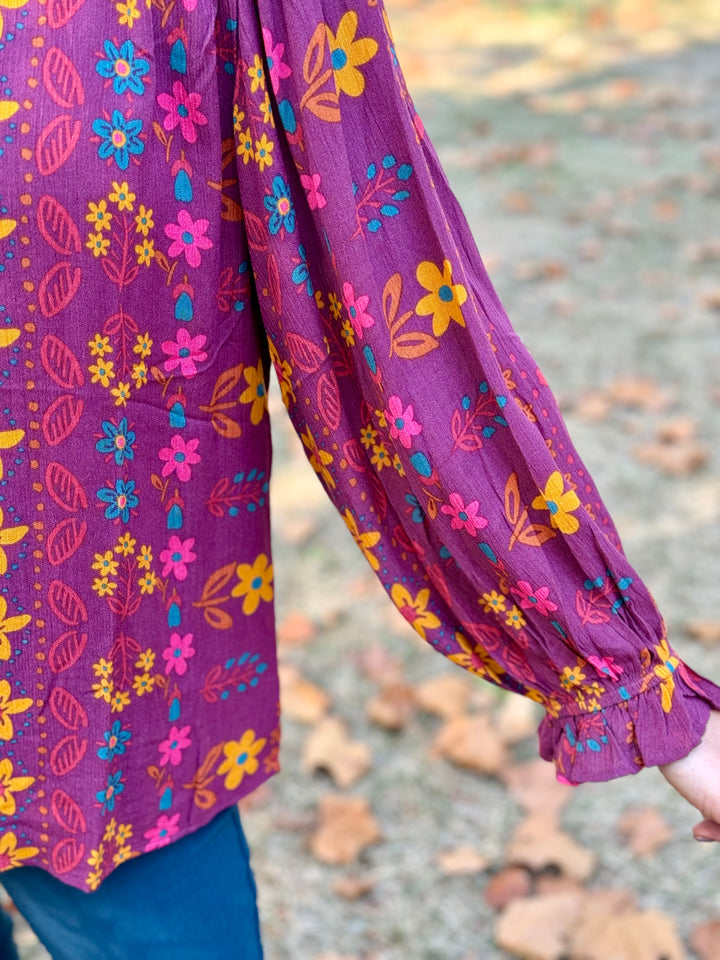 Mulberry Floral Printed V-Neck Woven Blouse - Small Through Extended Sizes