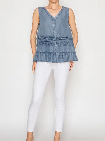Chambray Tiered Ruffle Vest