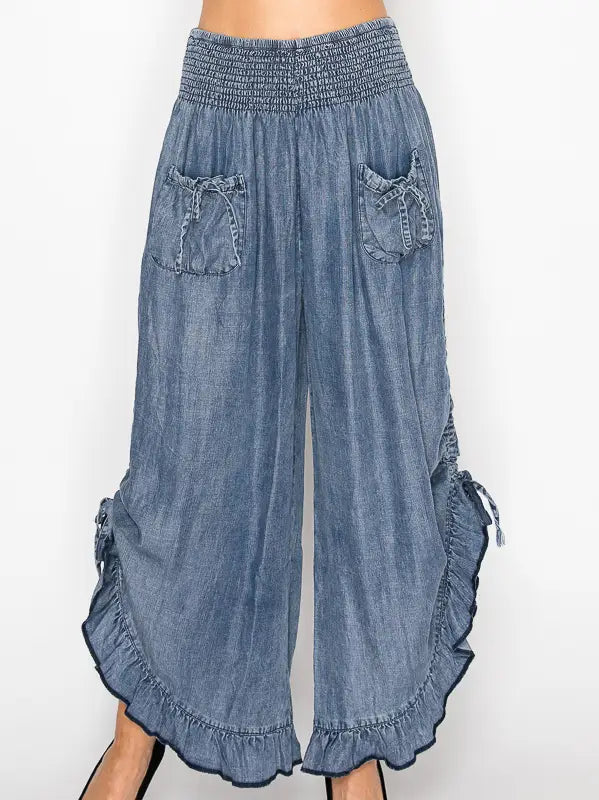 Smocked Ruffle Hem Side Tie Chambray Pants