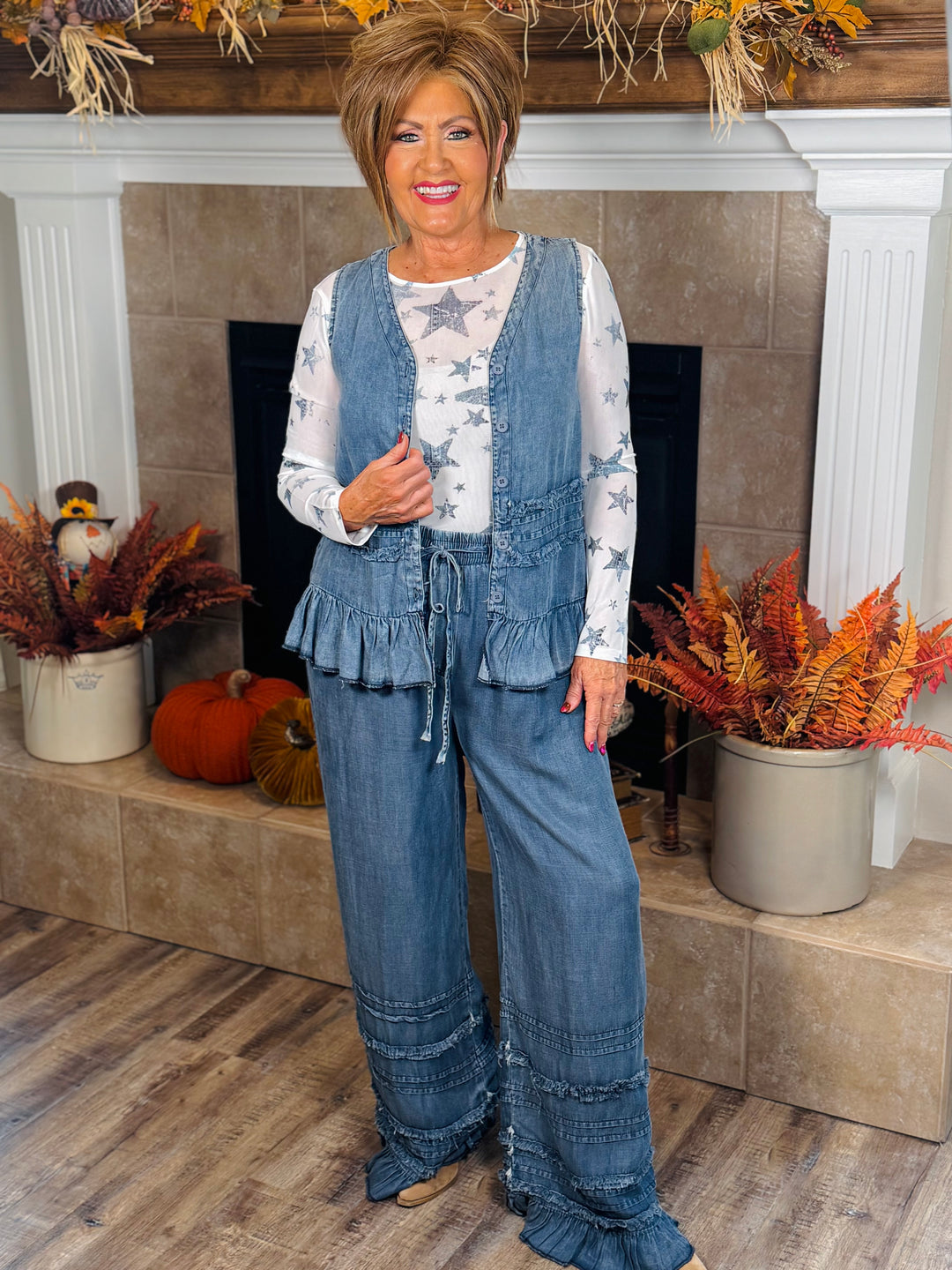 Chambray Palazzo Pants w/Ruffles