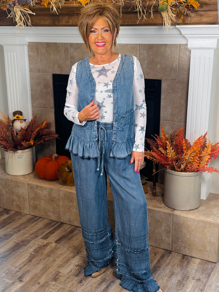 Chambray Palazzo Pants w/Ruffles
