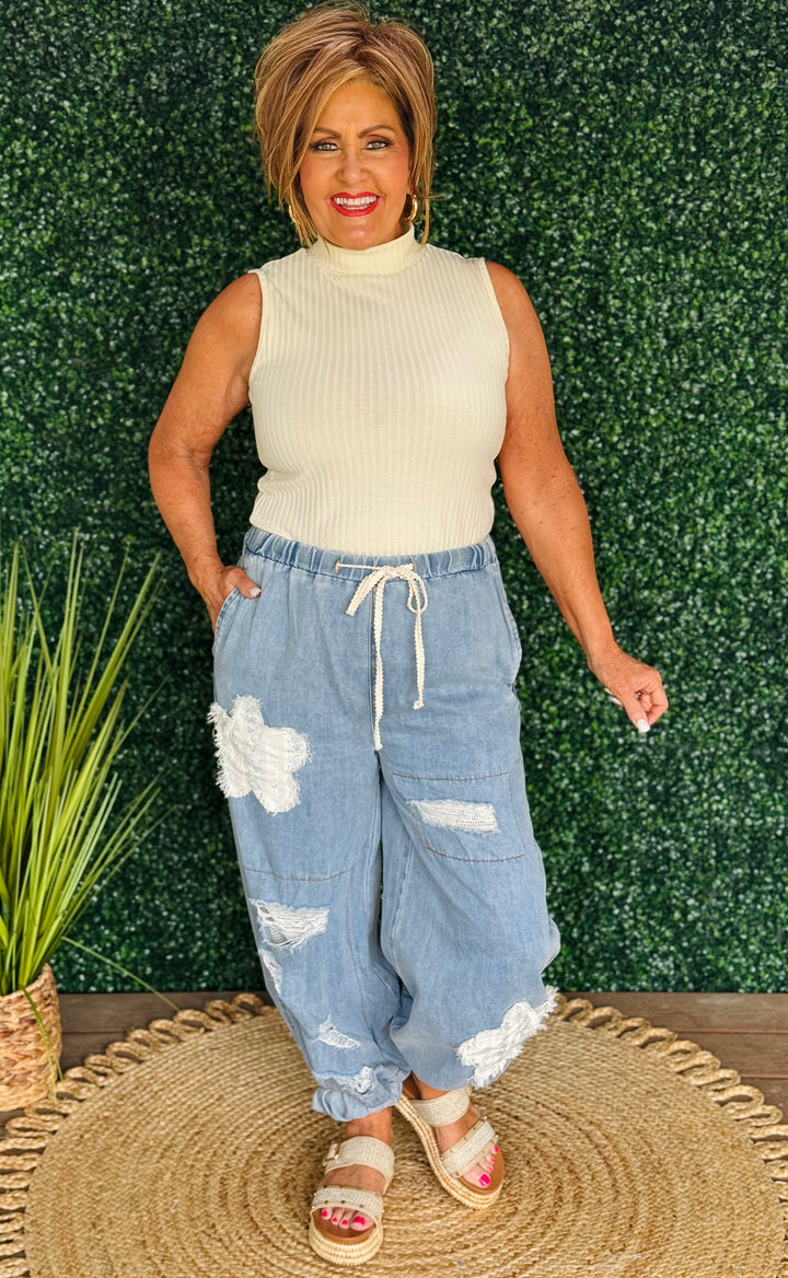 Denim Joggers W/ Floral Patches - 2 Color Options