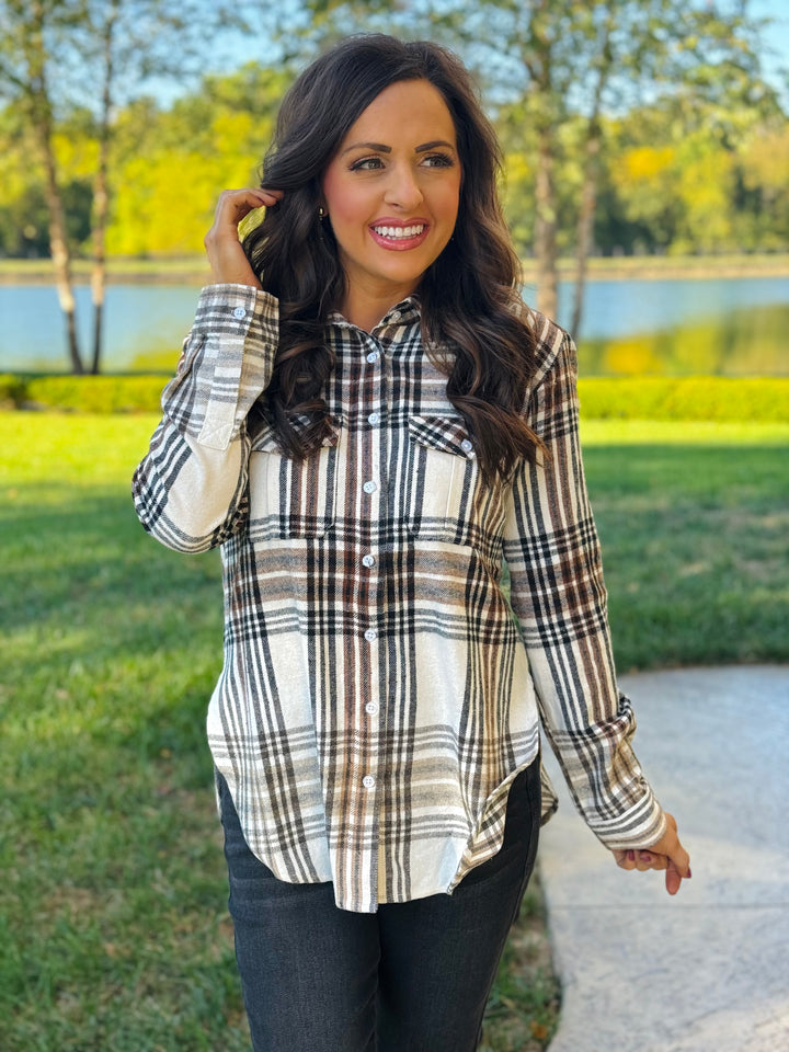 Cream, Brown, & Black Plaid Flannel