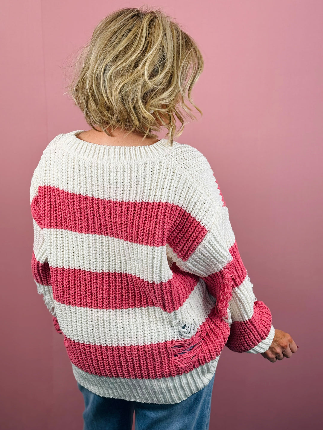 Cream/Pink Striped Chenille Sweater