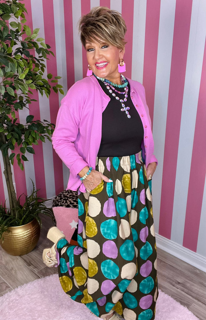 Dot Print Wide Leg Pants-Brown