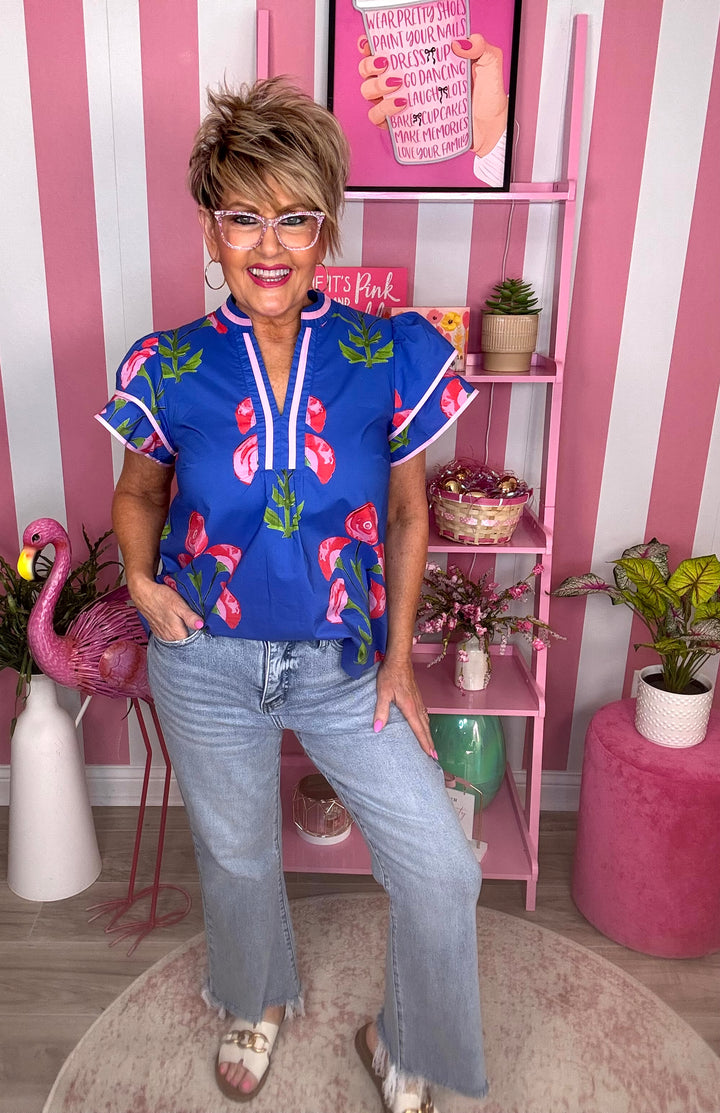 Blossom Meadow Print Top-Blue