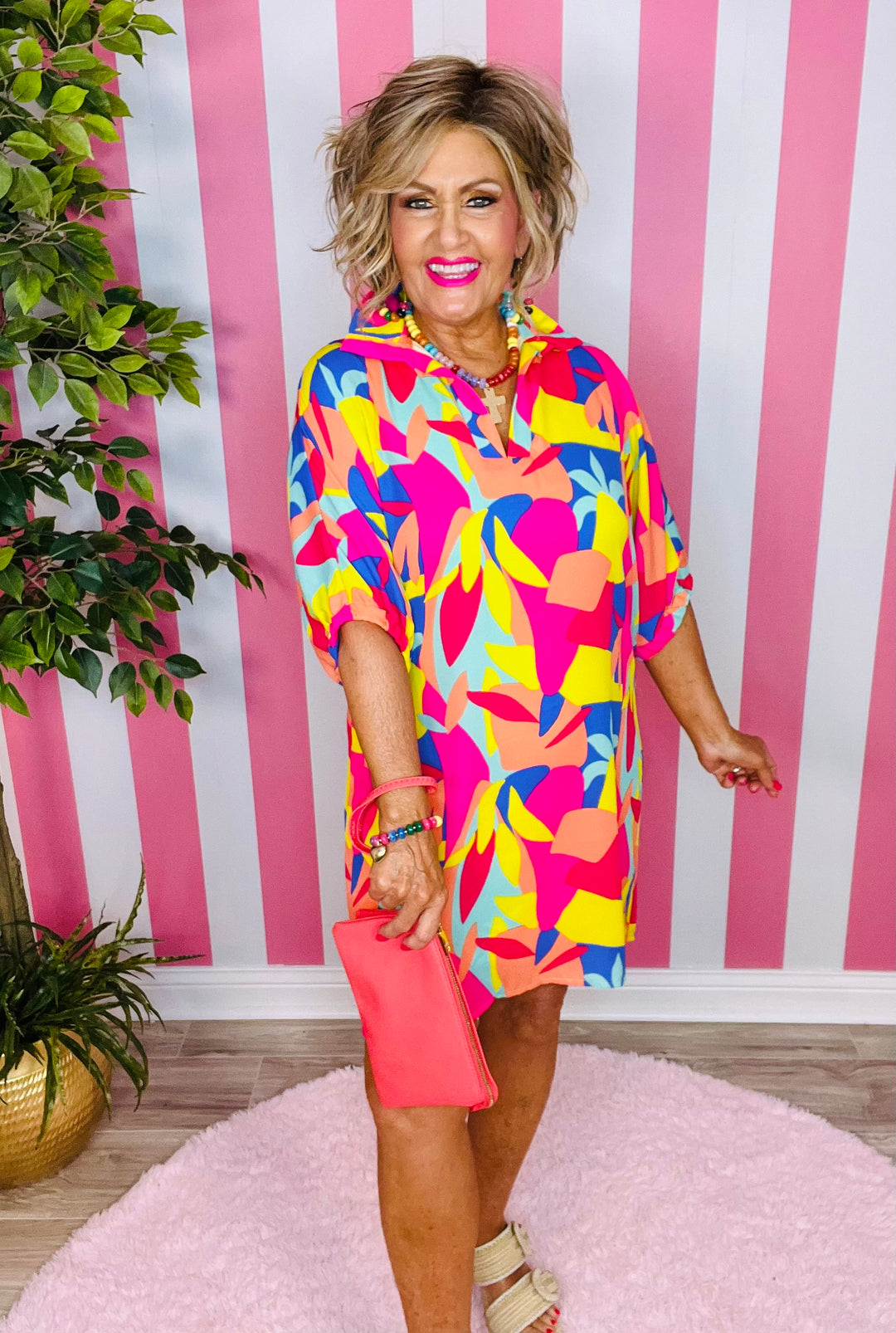 Stand Up Collar Drop Shoulder Dress-Bright Abstract