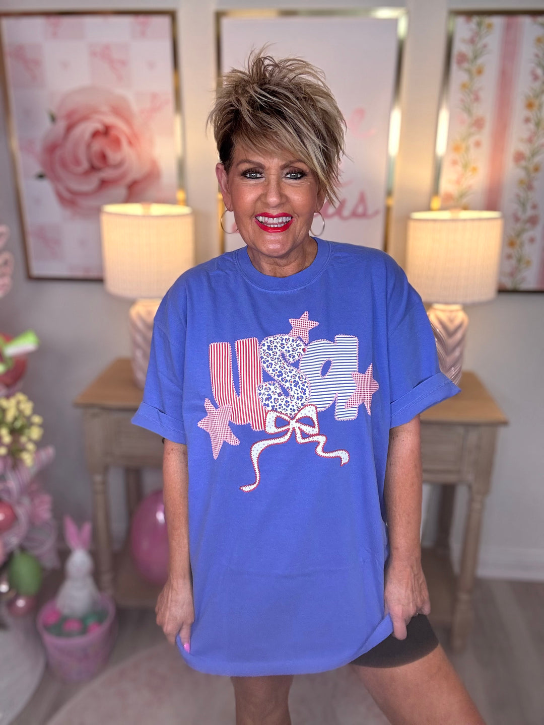 SALE: USA! USA! Patchwork Comfort Color Tee- Flo Blue