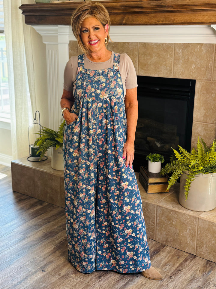 Washed Floral Print Denim Overall w/ Pleats