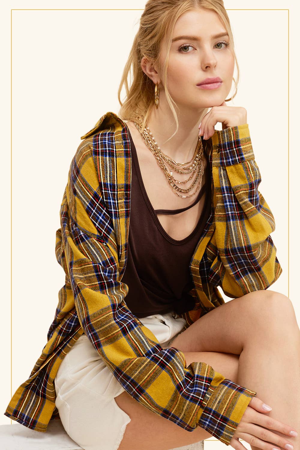 SRT7807-Soft Fabric Plaid Loose Fit Button Down Shirt