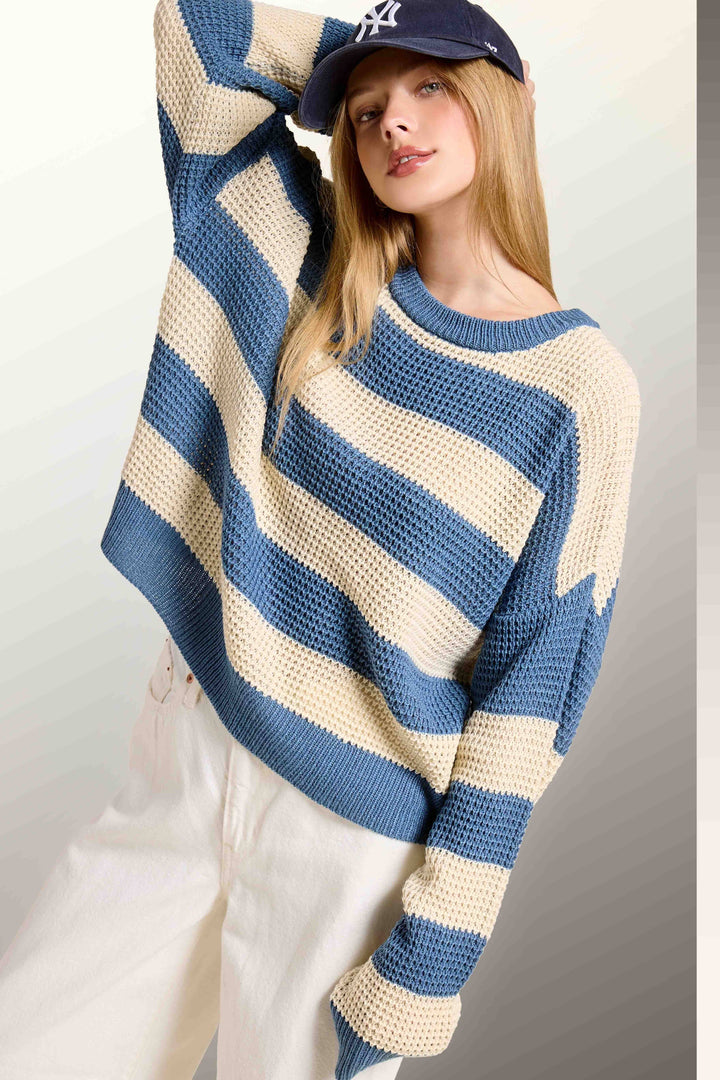 MCS3590-Loose Fit Striped Round Neck Long Sleeve Sweater