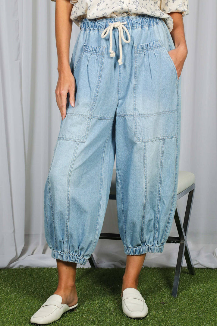 Casual Patch Pocket Elastic Band Crop Barrel Jeans-Lt. Denim