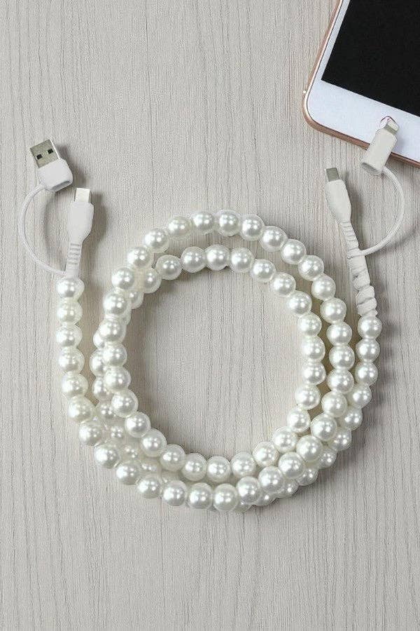 White Pearl Beaded Charging Cord