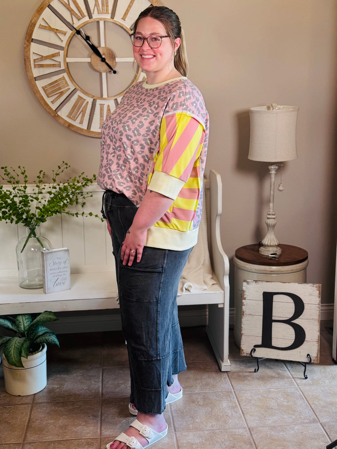Oversized Animal Print and Stripes Top