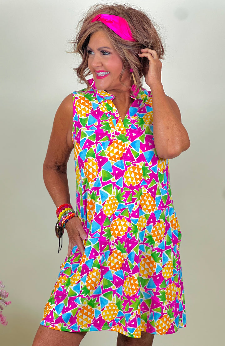 Magenta Printed Sleeveless Dress W/ Collared Neckline - Available S-Extended Sizes