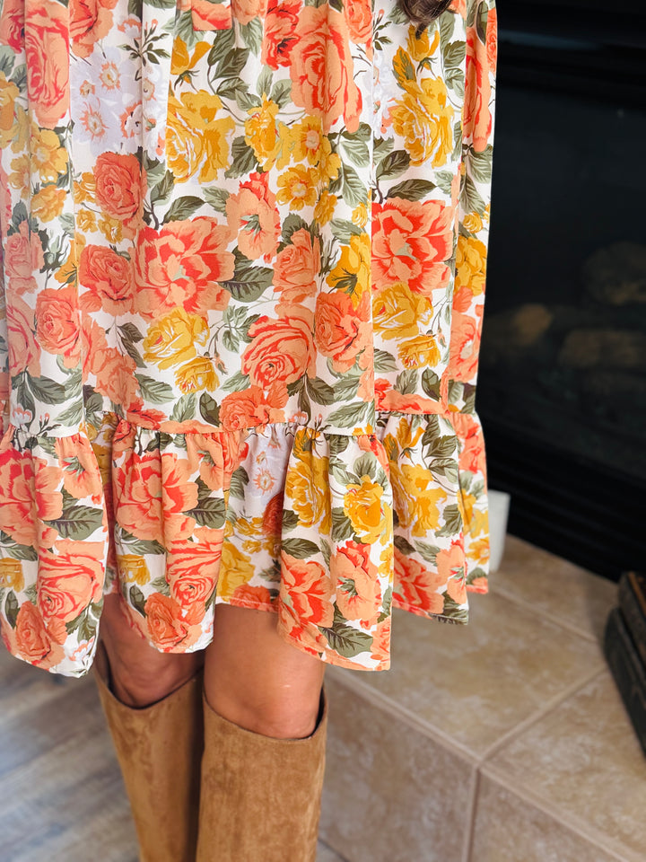 Floral Print Shirring Half Buttoned Shirt Dress