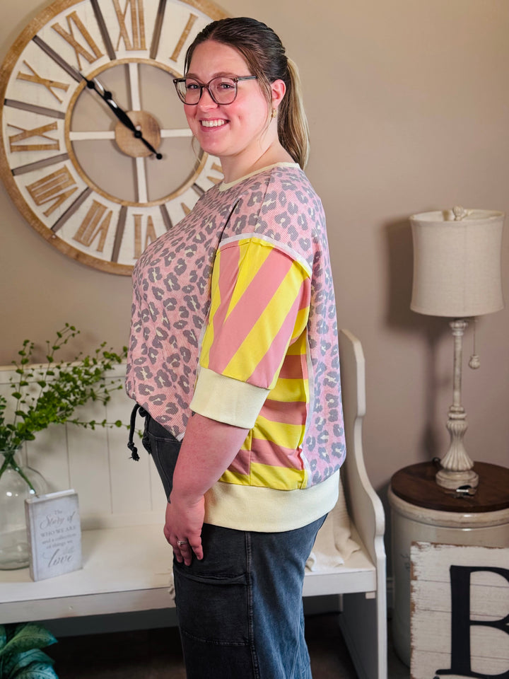 Oversized Animal Print and Stripes Top