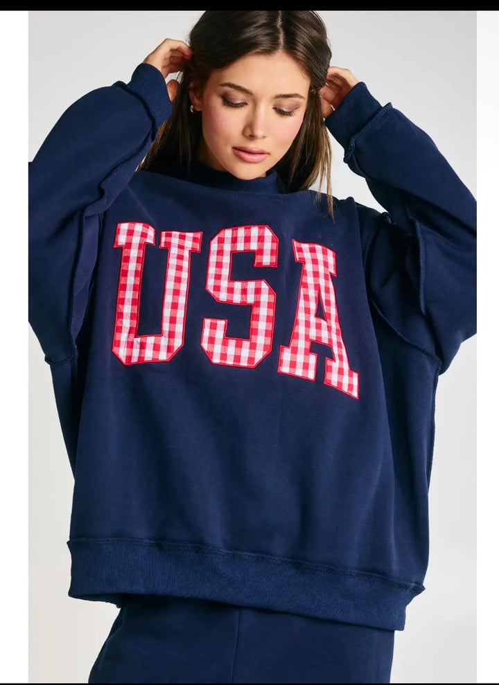 Navy Mock Neck with Red Gingham USA
