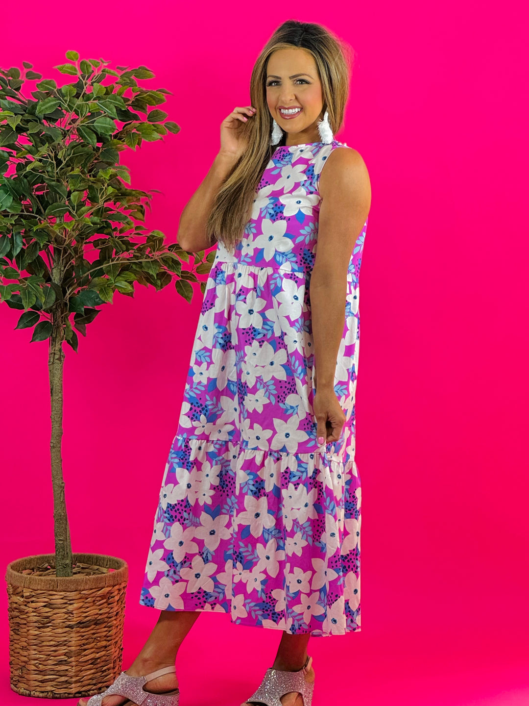 Lilac Rose Flower Print Poplin Tiered Midi Dress - Available Small Through Large