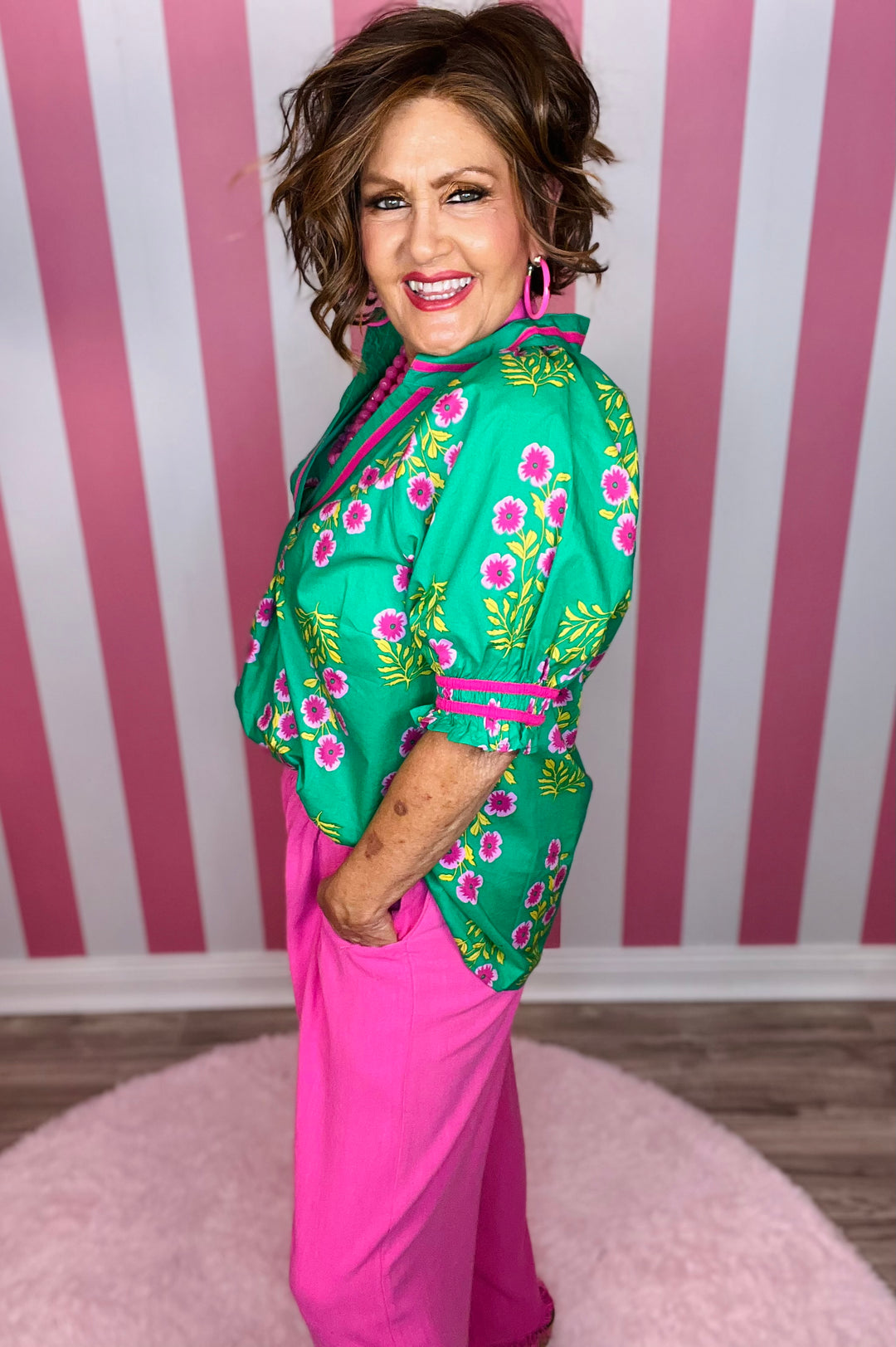 Floral Puff  Sleeve-Green Mix