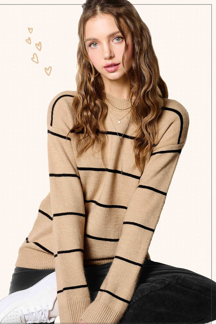 HCS3553-Stripe Long Sleeve Crew Mock Nneck Sweater Game Day