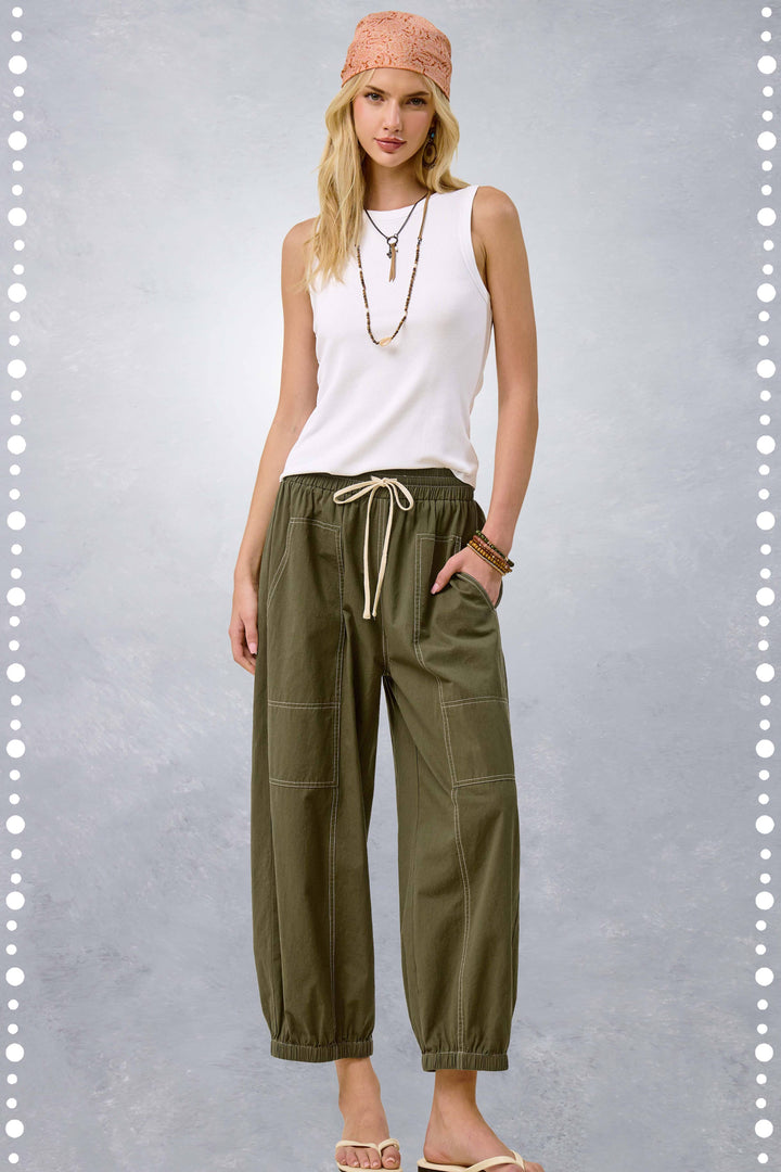 HDP4240-Cropped Barrel Leg Balloon Pants Contrast Sew Fall