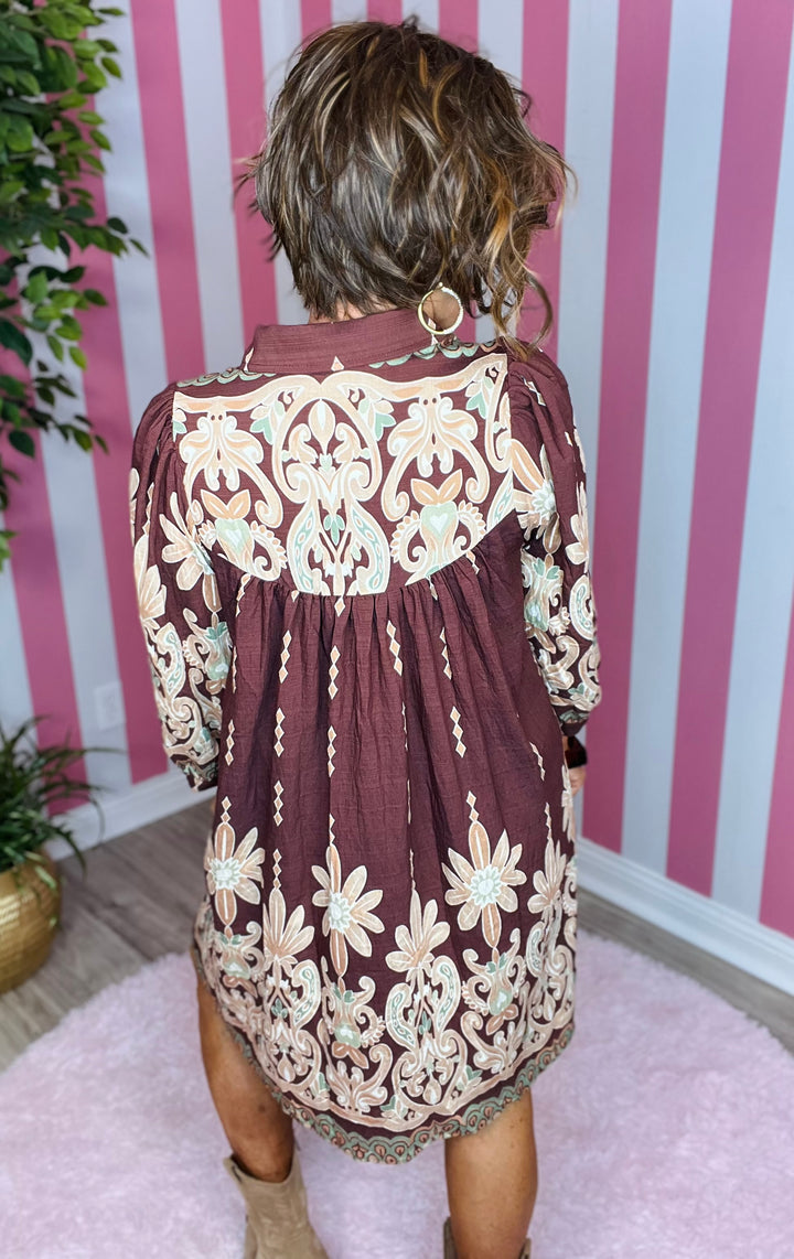 3/4 Sleeve Printed Dress-Brown Mix