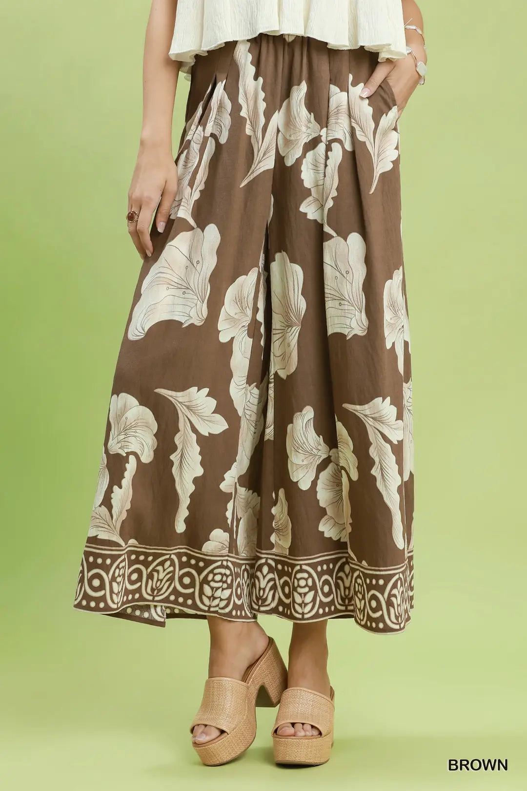 Botanical Print Wide Leg Pants-Brown
