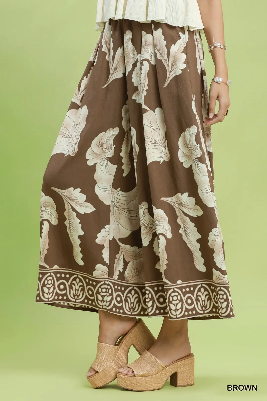 Botanical Print Wide Leg Pants-Brown