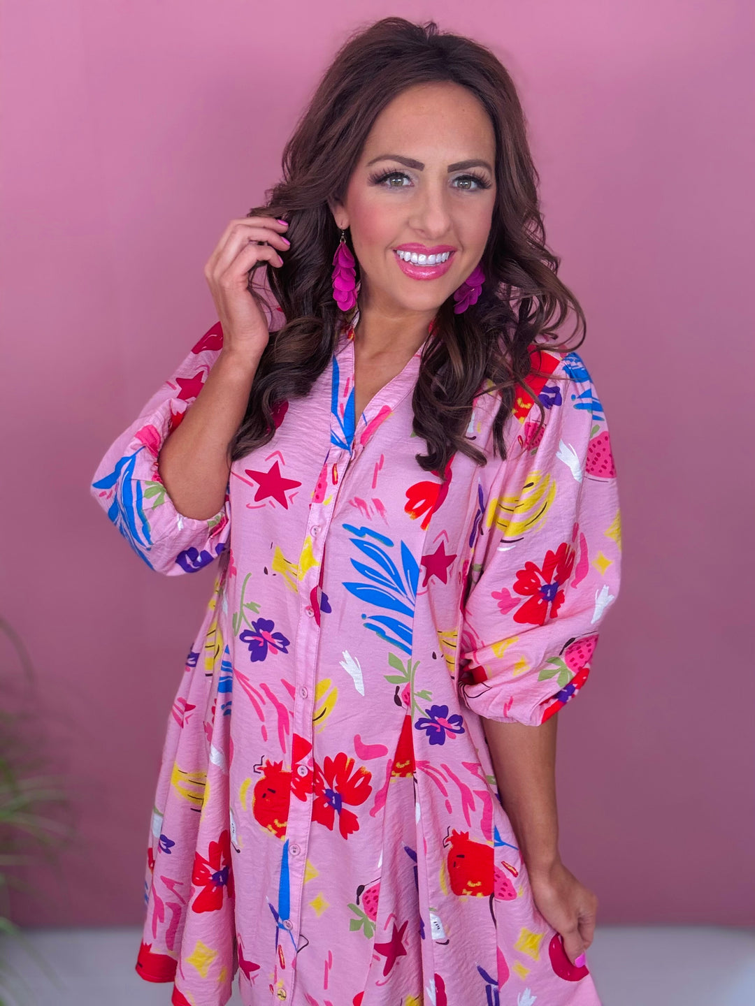 Pink Printed V-Neck 3/4 Sleeve Shirt Dress