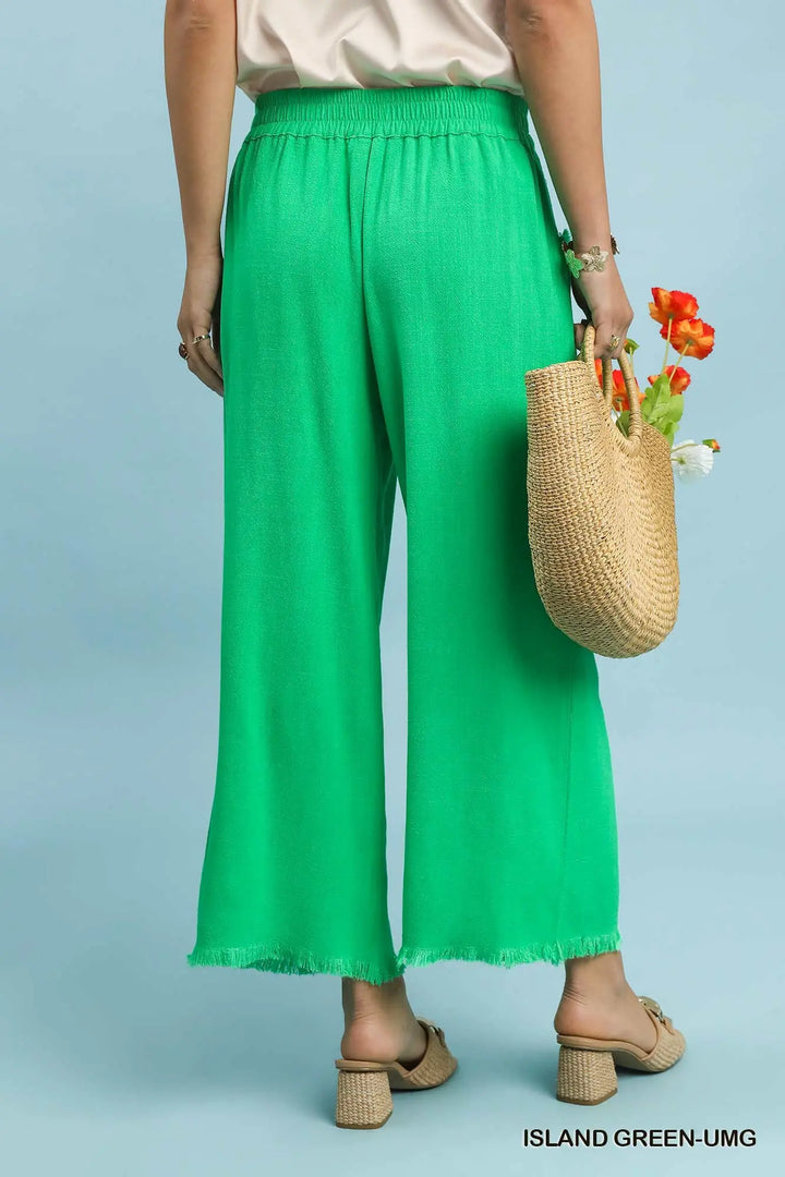 Frayed Hem Wide Leg Pants-Island Green