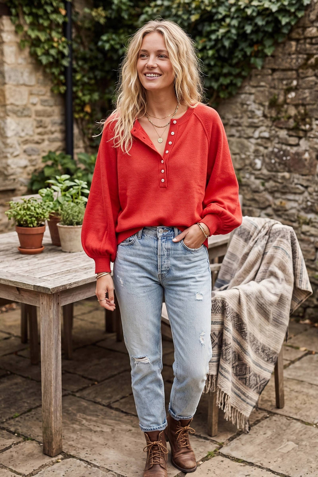 Henley Balloon Sleeve Sweater Top