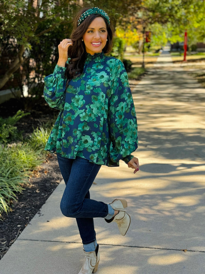 Emerald Green Floral Print Mirabelle Blouse