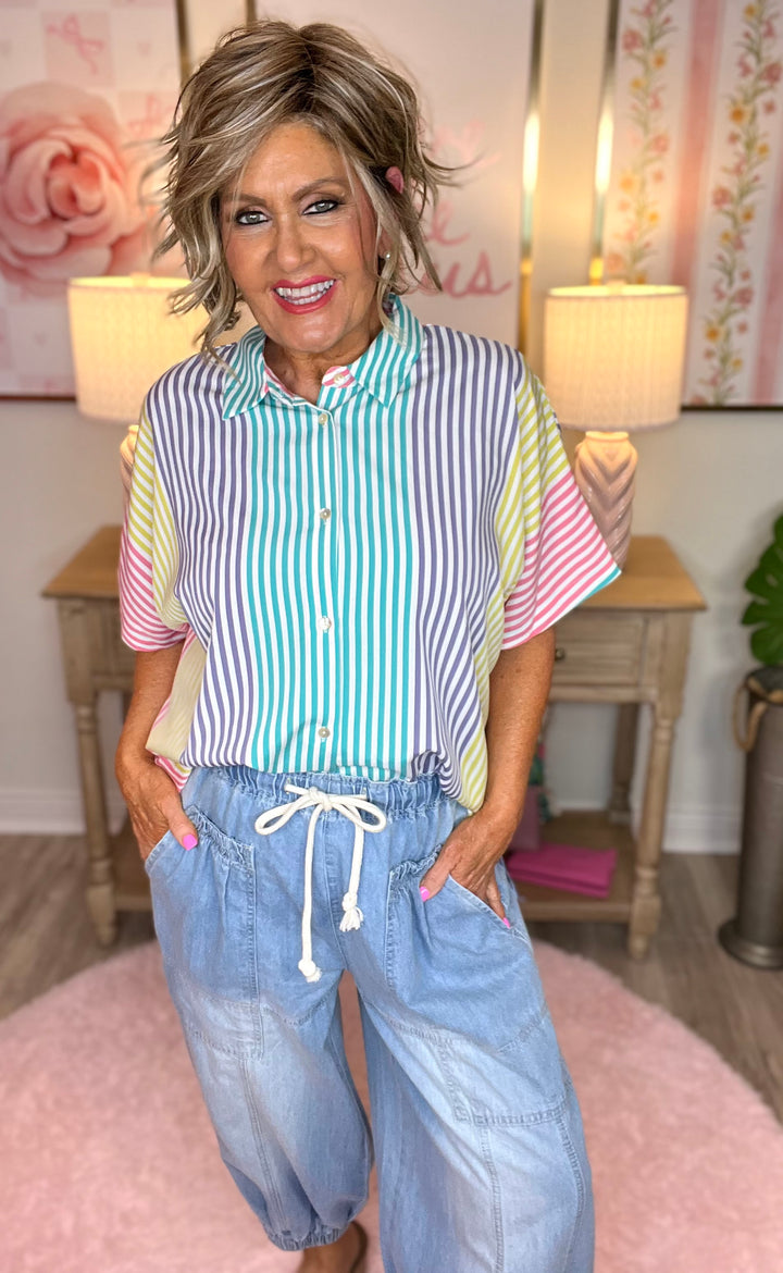 Collared Neck Short Sleeve-Multi-Striped