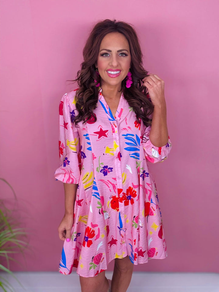 Pink Printed V-Neck 3/4 Sleeve Shirt Dress