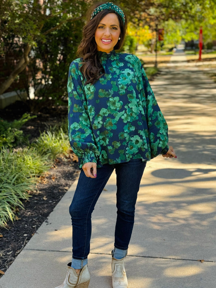 Emerald Green Floral Print Mirabelle Blouse