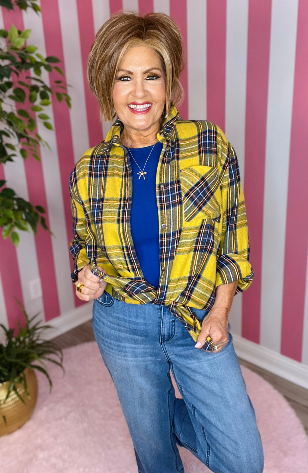 SRT7807-Soft Fabric Plaid Loose Fit Button Down Shirt-2 Color Options