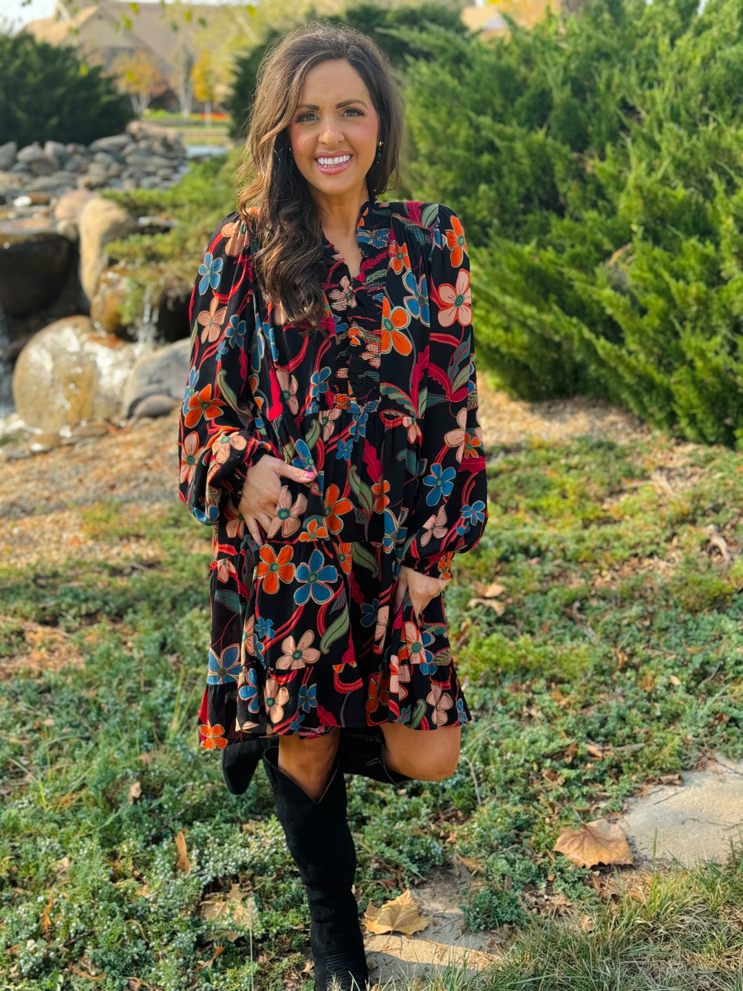 Black Floral Printed Gauze Tiered Dress