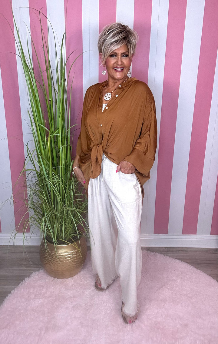 Frayed Wide Leg Pants-Oatmeal