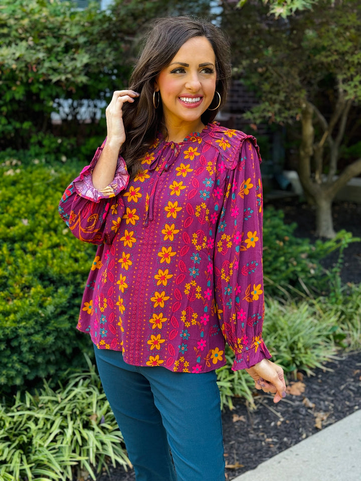 Mulberry Floral Printed V-Neck Woven Blouse - Small Through Extended Sizes