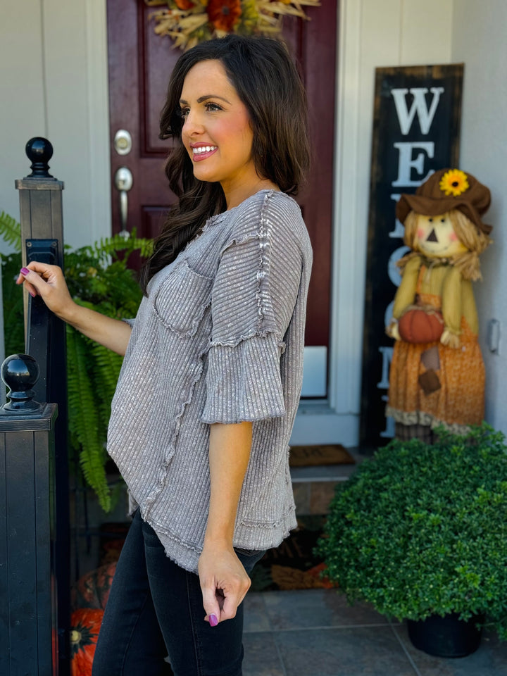 Mocha Mineral Washed Thermal Knit Top