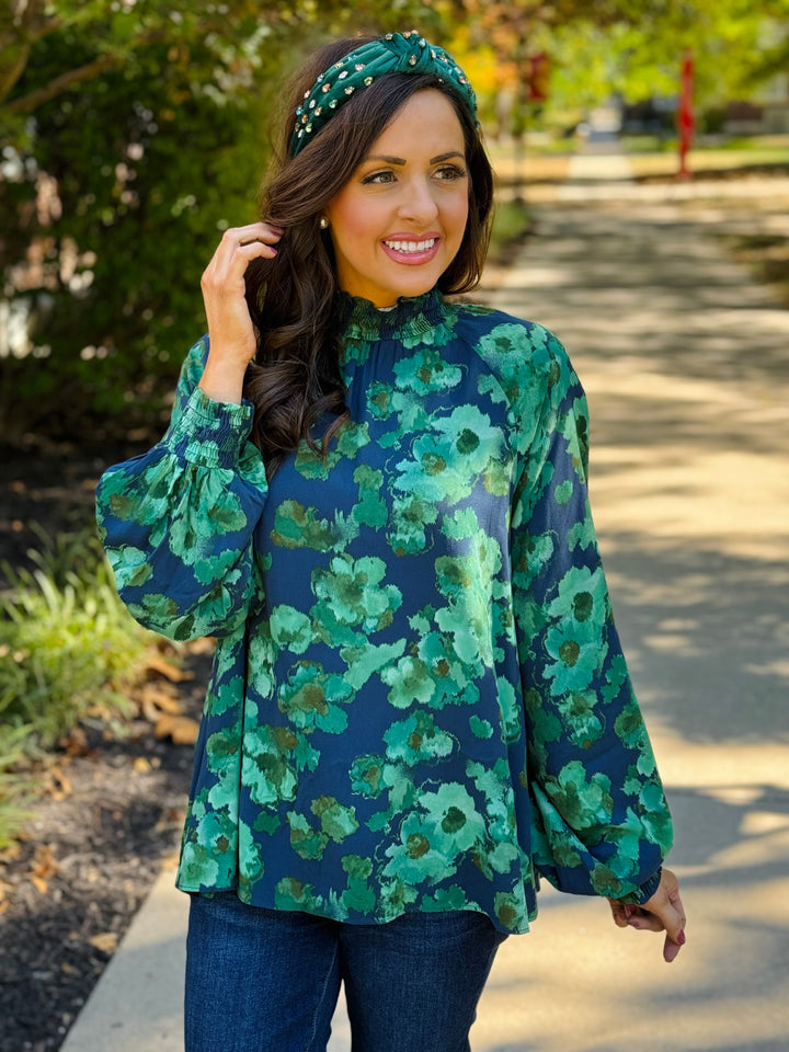 Emerald Green Floral Print Mirabelle Blouse