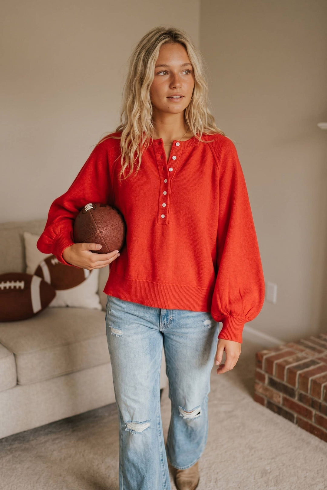 Henley Balloon Sleeve Sweater Top