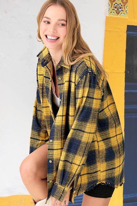 Soft Fabric Plaid Mineral Washed Button Down Shirt-3 Color Options