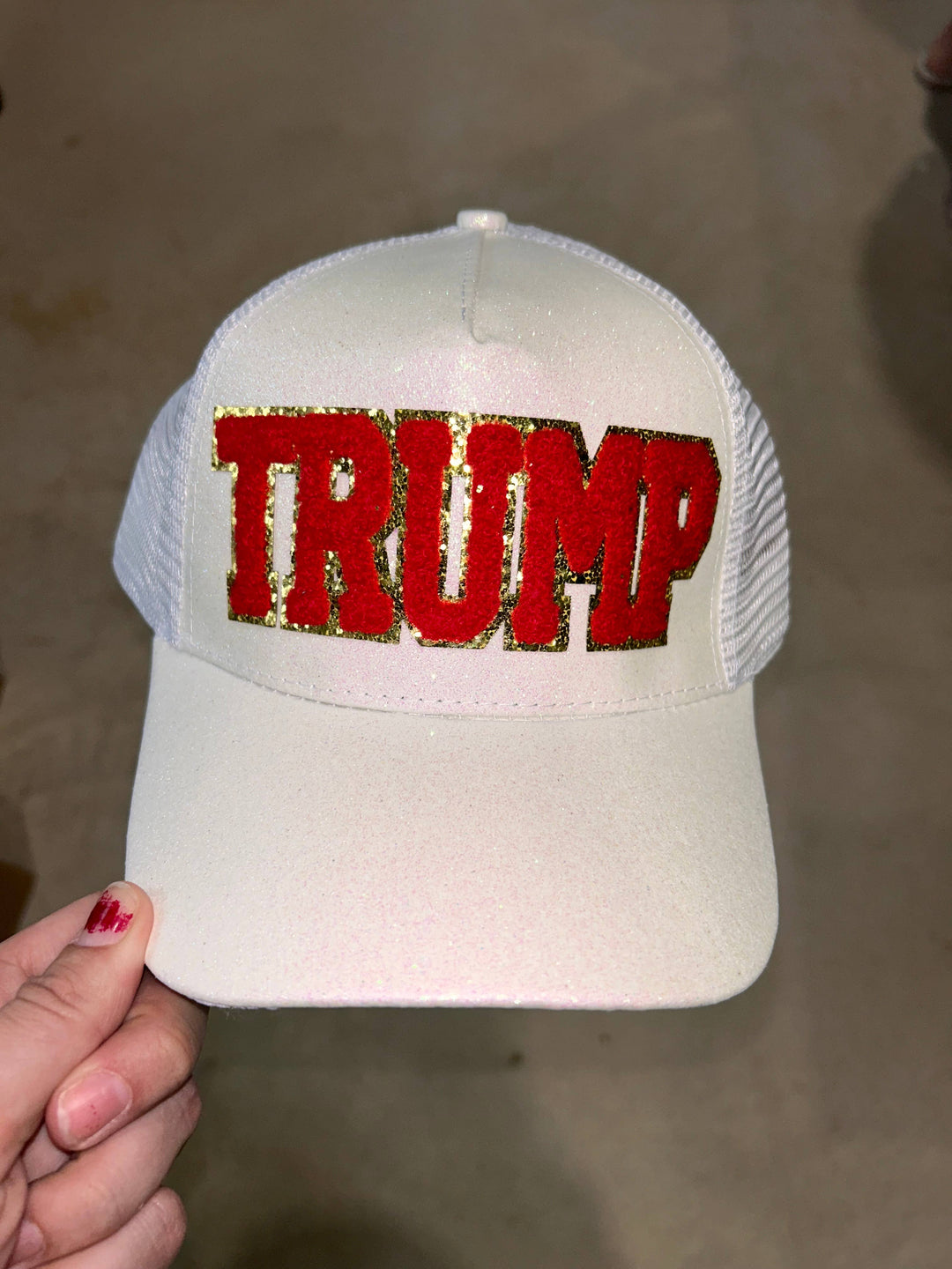 White Glitter "Trump" Chenille Trucker Hat