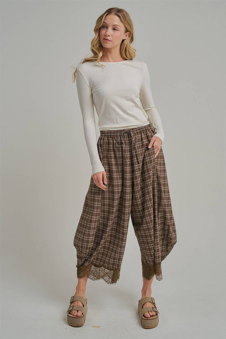 FLOWY FALL CHECK PLAID WIDE BALLOON LEG PANTS-Brown Check-Arrives first of October