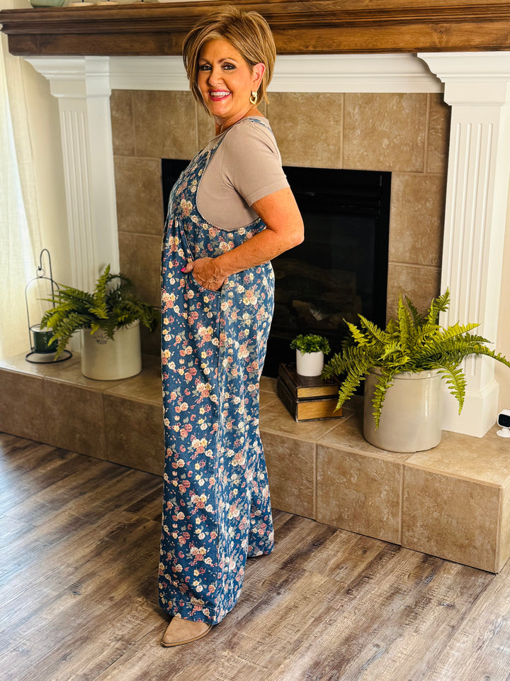 Washed Floral Print Denim Overall w/ Pleats