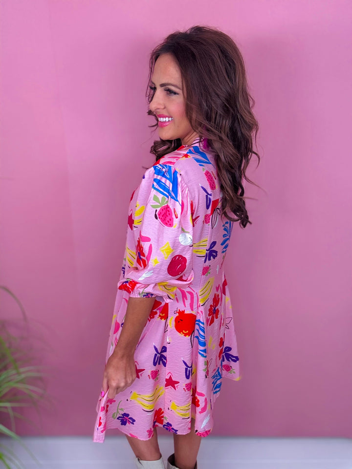 Pink Printed V-Neck 3/4 Sleeve Shirt Dress