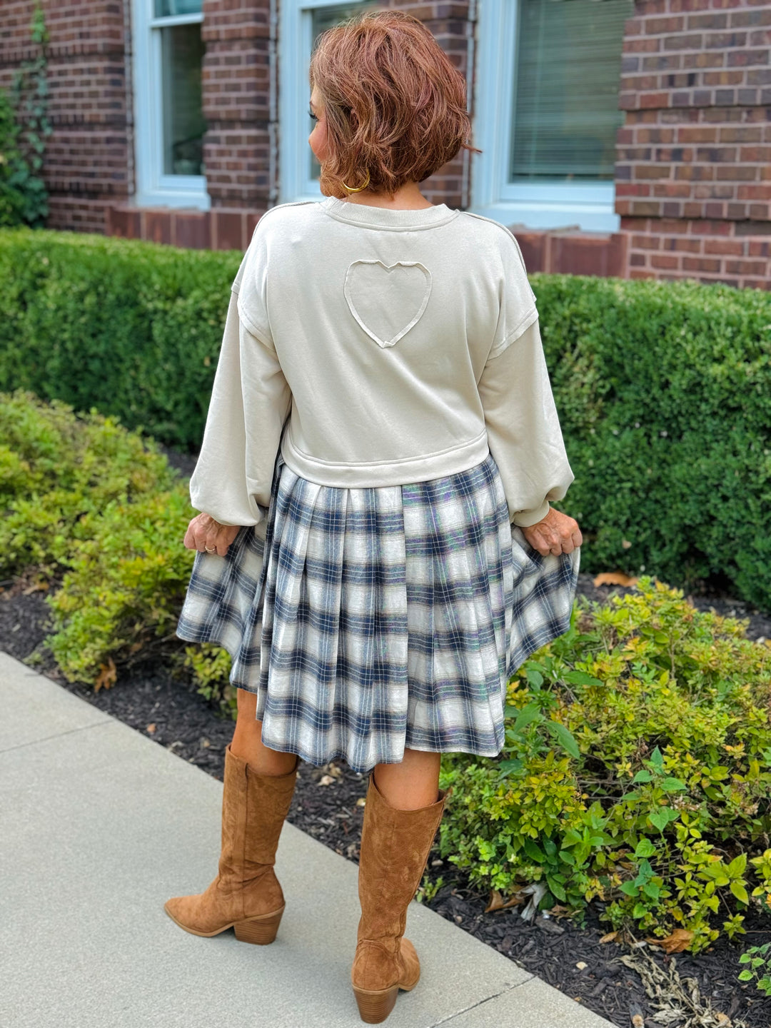 Long Sleeve Mini Dress w/ Heart Detail and Plaid Skirt - 2 Color Options