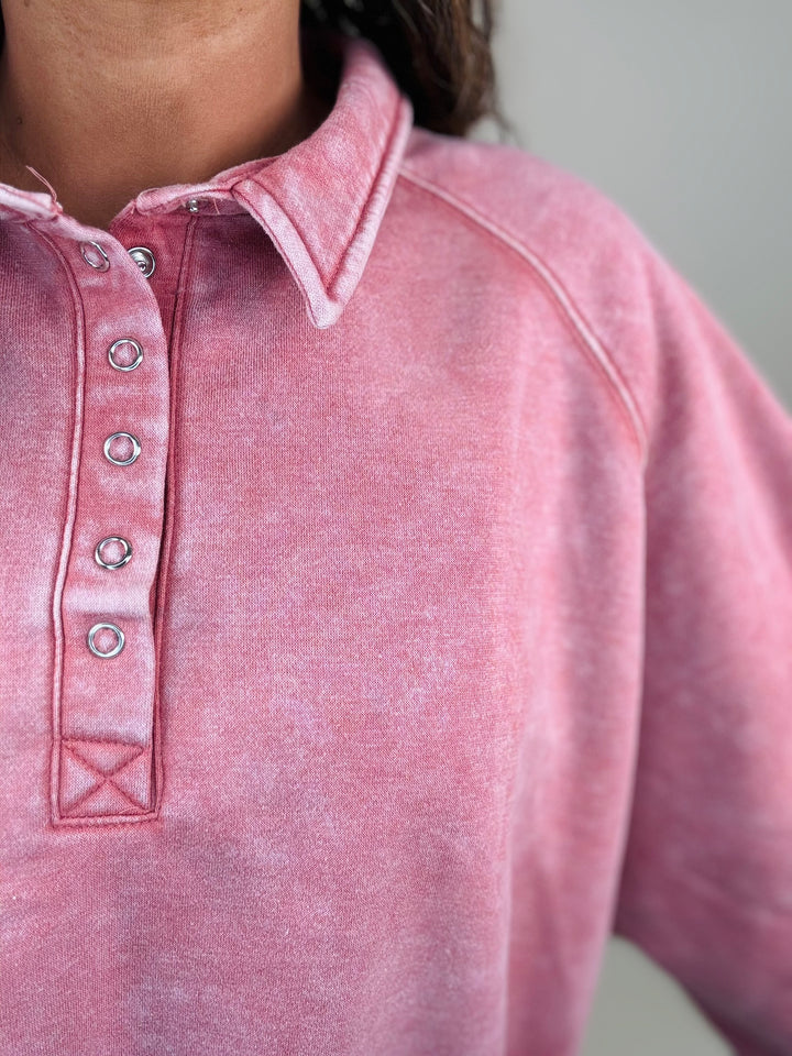 Acid Wash Fleece Buttoned Up Collared Pullover - 4 Color Options - Final Sale